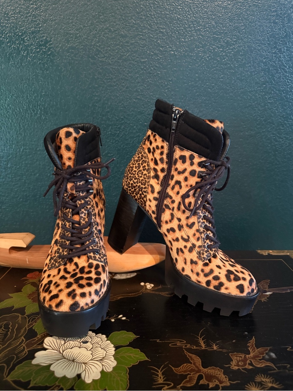Gianni Bini Leopard Print Lace-Up Block Heel Ankle Boots